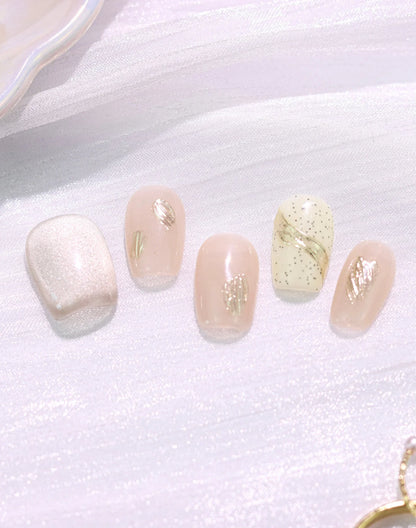 【20%OFF】Golden Dust - 水光ネイルヌーディーベージュ金箔デザインショートスクエアオフネイルチップ