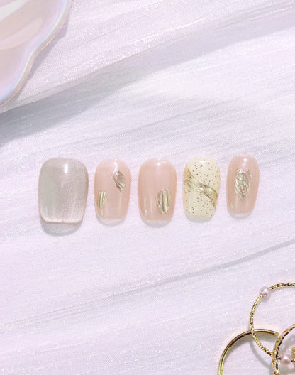 【20%OFF】Golden Dust - 水光ネイルヌーディーベージュ金箔デザインショートスクエアオフネイルチップ