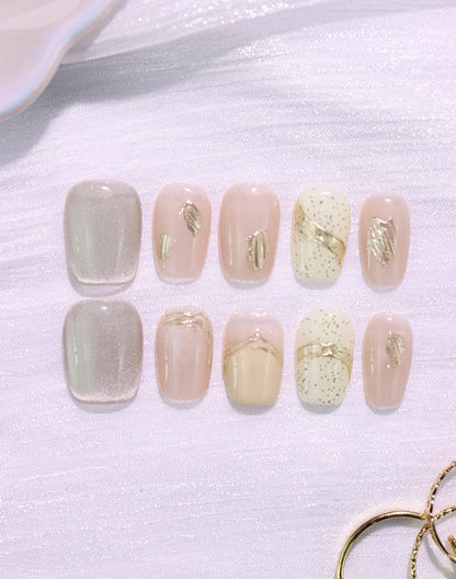 【20%OFF】Golden Dust - 水光ネイルヌーディーベージュ金箔デザインショートスクエアオフネイルチップ