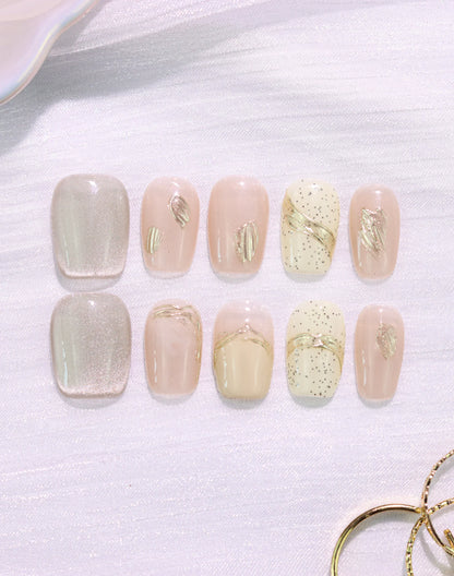 【20%OFF】Golden Dust - 水光ネイルヌーディーベージュ金箔デザインショートスクエアオフネイルチップ