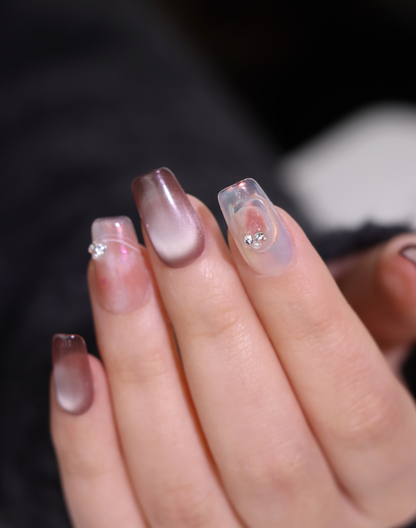 Rosy Jelly - ローズベージュ透け感ニュアンスワンポイントビジュー ミディアムスクエアオフネイルチップ