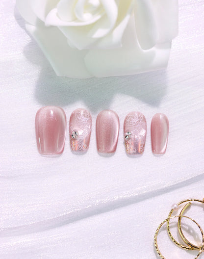 【20%OFF】Rosy Lace - ローズベージュレースニュアンスビジュー上品 ミディアムスクエアオフネイルチップ