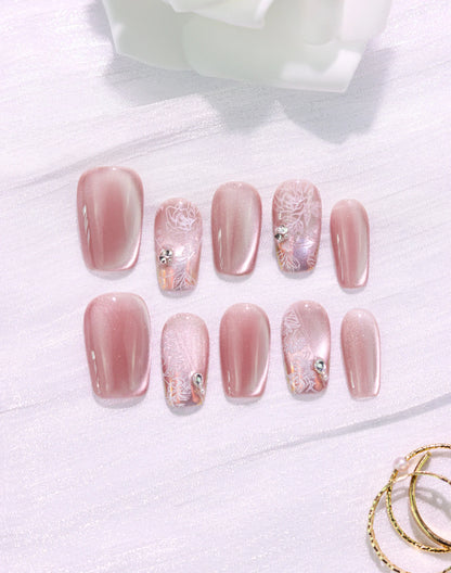 【20%OFF】Rosy Lace - ローズベージュレースニュアンスビジュー上品 ミディアムスクエアオフネイルチップ