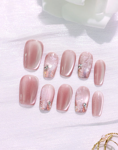 【20%OFF】Rosy Lace - ローズベージュレースニュアンスビジュー上品 ミディアムスクエアオフネイルチップ