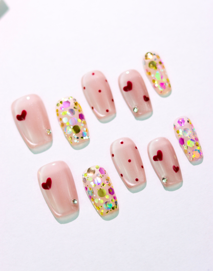 Sweetheart Sparkle - ミルキーピンクカラースパンコールハートアクセントニュアンスミディアムスクエアオフネイルチップ
