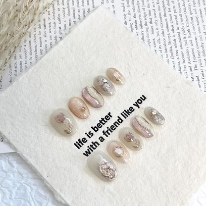 「受注商品」Cream Veil｜ヌーディーベージュ×メタリックライン 立体アートネイルチップ